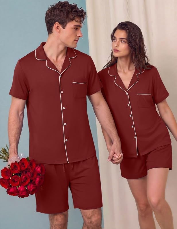 image:imageEkouaer Matching Pajamas for Couples Short Sleeve Pjs 2 Piece Lounge SetsWine Red