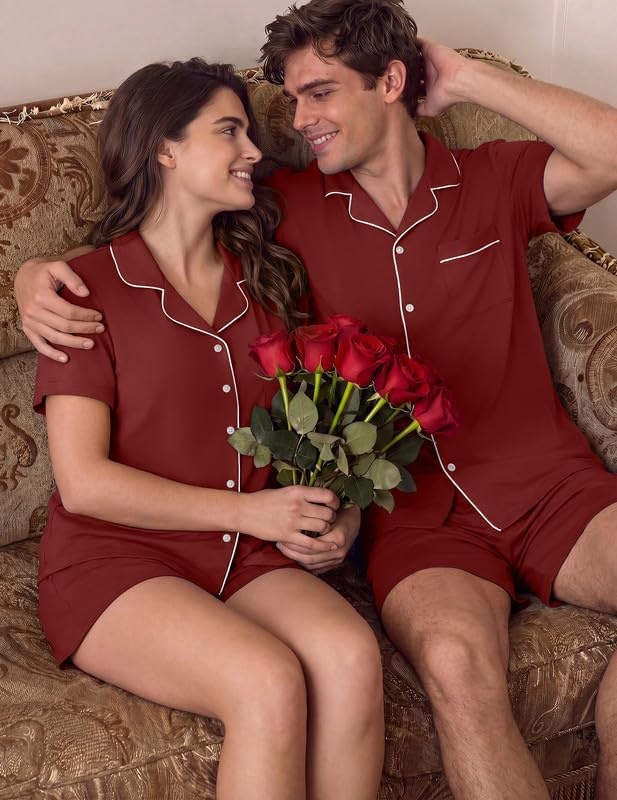 image:imageEkouaer Matching Pajamas for Couples Short Sleeve Pjs 2 Piece Lounge SetsWine Red