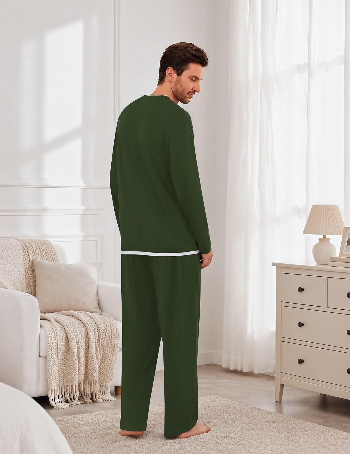 image:imageEkouaer Mens Pajamas Set Soft Long Sleeve Pjs Top and Pants Loungewear SetsArmy Green