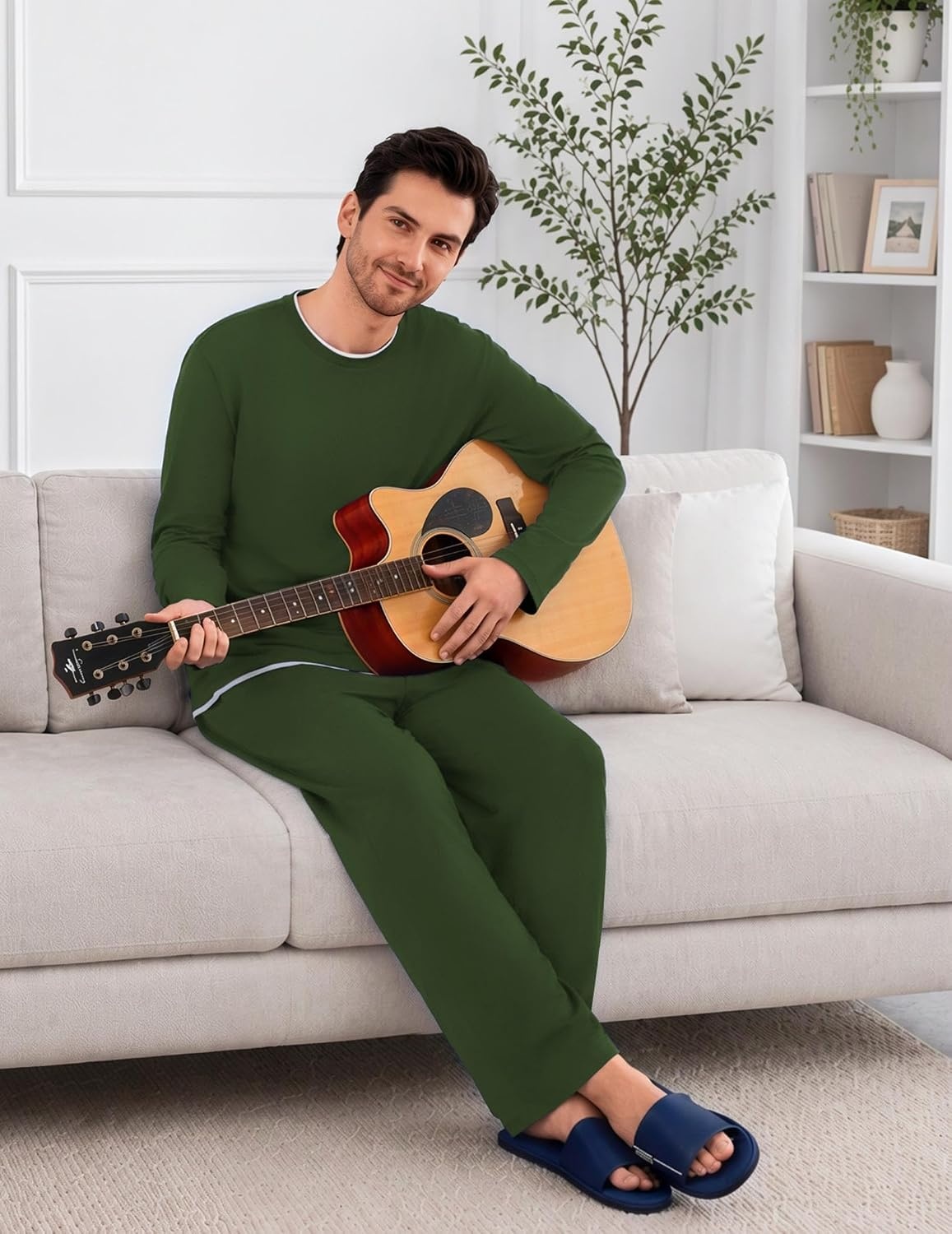 image:imageEkouaer Mens Pajamas Set Soft Long Sleeve Pjs Top and Pants Loungewear SetsArmy Green