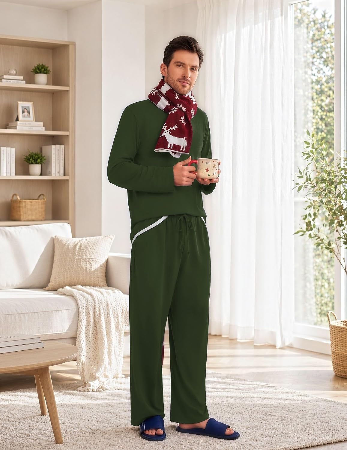 image:imageEkouaer Mens Pajamas Set Soft Long Sleeve Pjs Top and Pants Loungewear SetsArmy Green
