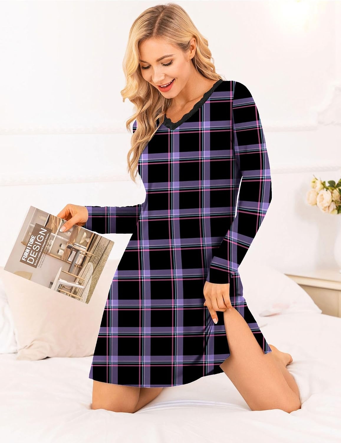 image:imageEkouaer Nightgowns for Women Long Sleeve Sleep Shirt Sexy Lace Night ShirtBlack and Purple Plaid