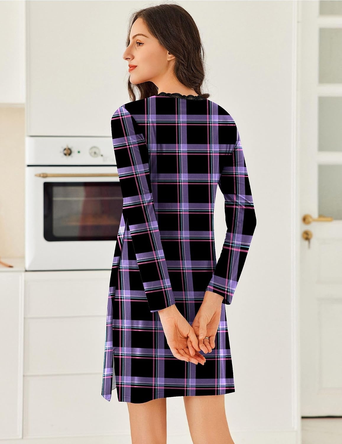 image:imageEkouaer Nightgowns for Women Long Sleeve Sleep Shirt Sexy Lace Night ShirtBlack and Purple Plaid