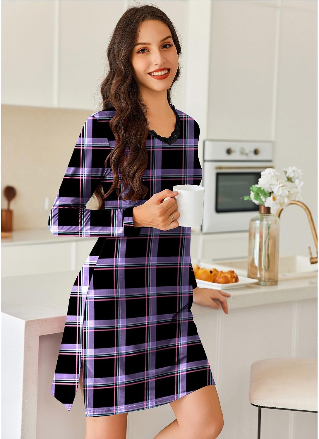 image:imageEkouaer Nightgowns for Women Long Sleeve Sleep Shirt Sexy Lace Night ShirtBlack and Purple Plaid