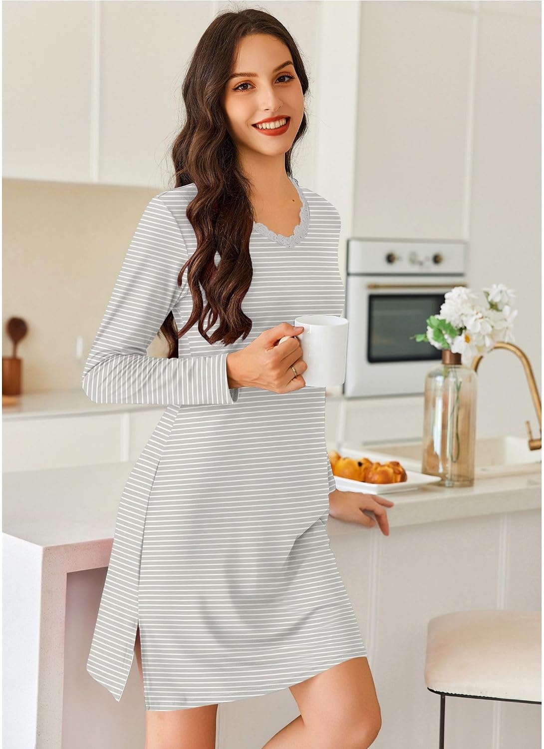 image:imageEkouaer Nightgowns for Women Long Sleeve Sleep Shirt Sexy Lace Night ShirtGrey and White Stripes