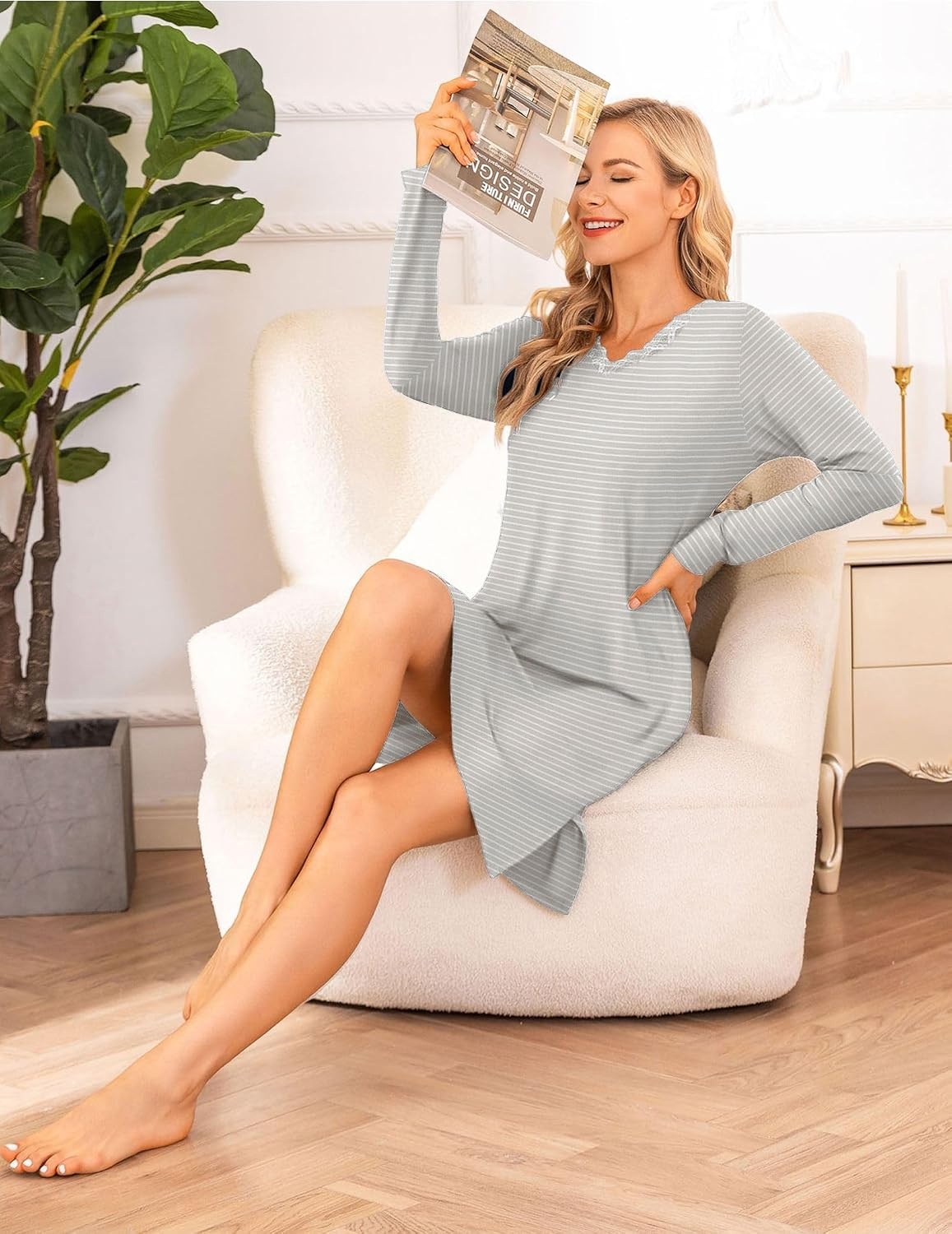 image:imageEkouaer Nightgowns for Women Long Sleeve Sleep Shirt Sexy Lace Night ShirtGrey and White Stripes