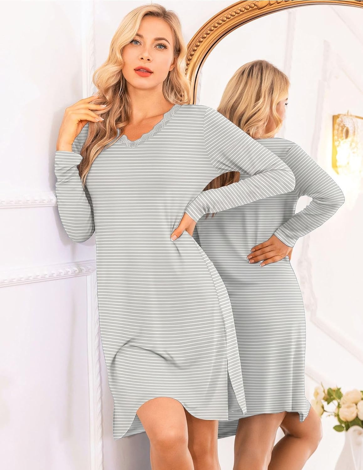 image:imageEkouaer Nightgowns for Women Long Sleeve Sleep Shirt Sexy Lace Night ShirtGrey and White Stripes