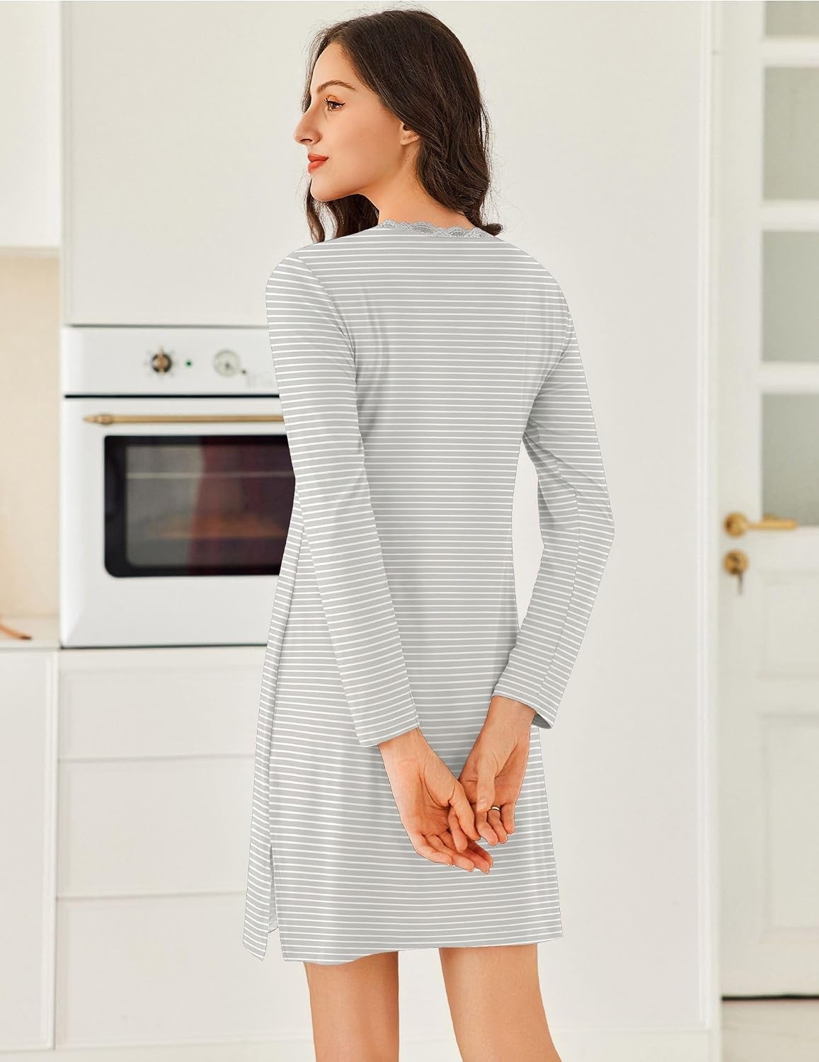 image:imageEkouaer Nightgowns for Women Long Sleeve Sleep Shirt Sexy Lace Night ShirtGrey and White Stripes