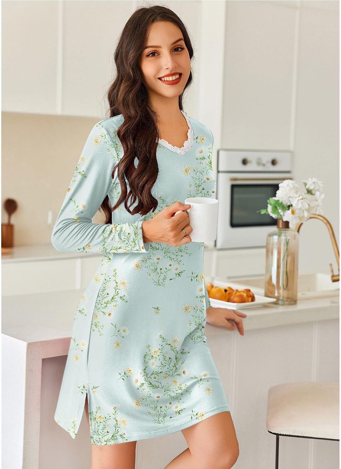 image:imageEkouaer Nightgowns for Women Long Sleeve Sleep Shirt Sexy Lace Night ShirtLight Green Floral