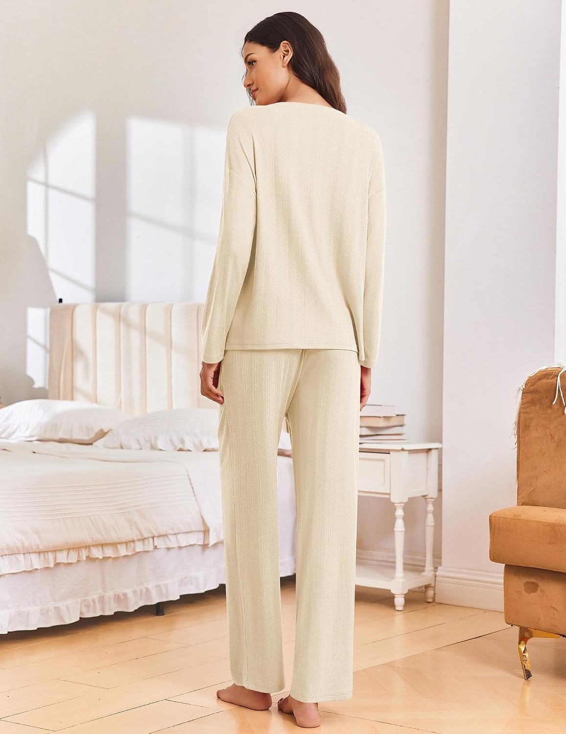 image:imageEkouaer Pajama Set Womens Soft Pjs 2 Piece Long Sleeve Lounge SetsBeige