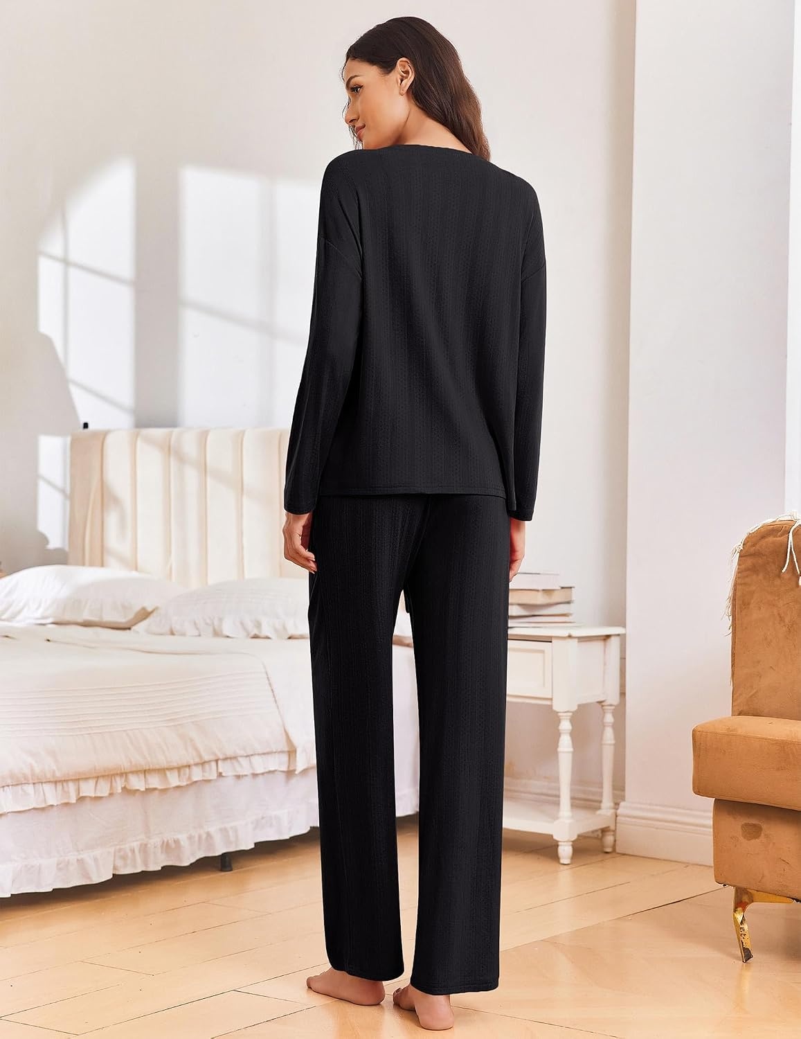 image:imageEkouaer Pajama Set Womens Soft Pjs 2 Piece Long Sleeve Lounge SetsBlack