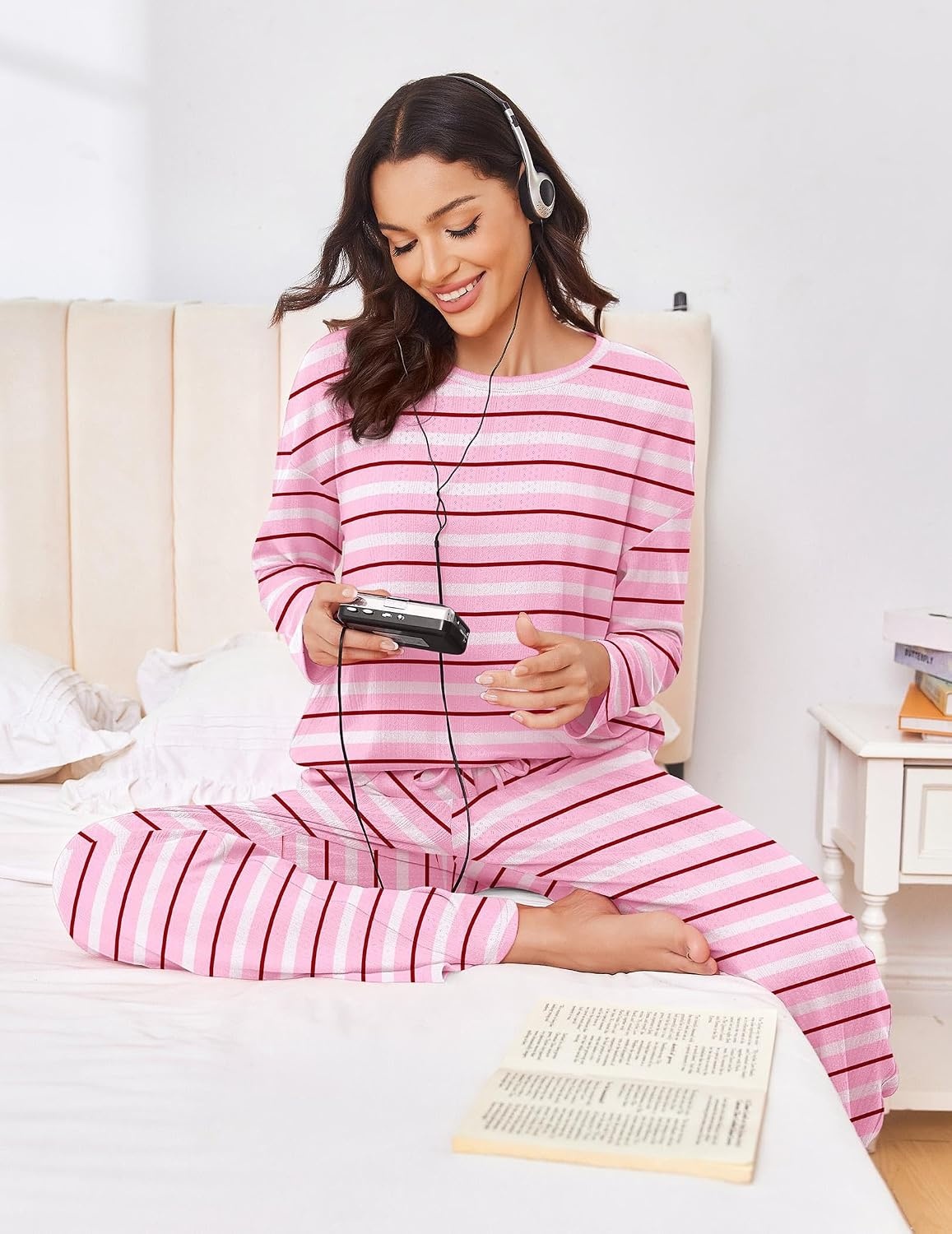 image:imageEkouaer Pajama Set Womens Soft Pjs 2 Piece Long Sleeve Lounge SetsPink Striped