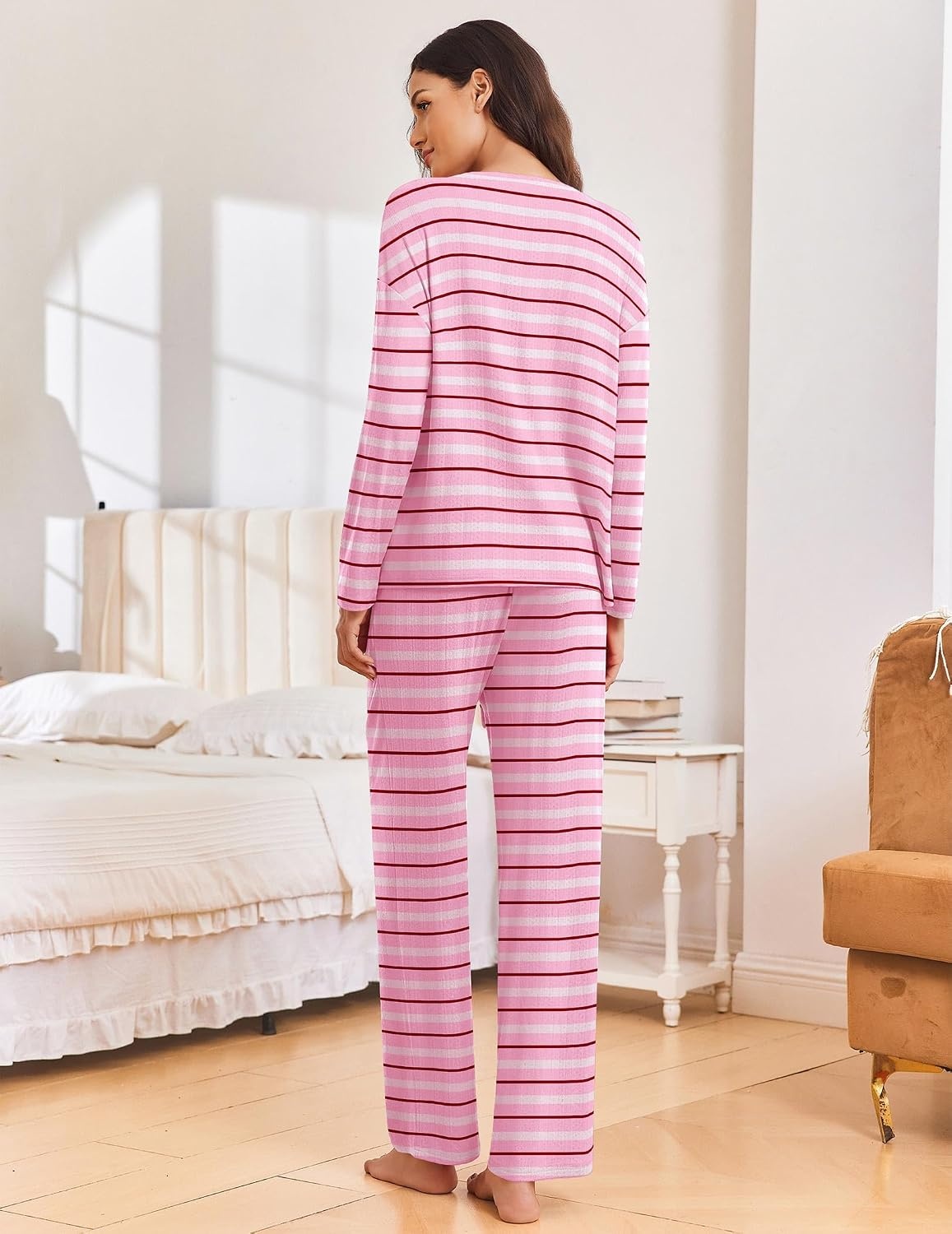 image:imageEkouaer Pajama Set Womens Soft Pjs 2 Piece Long Sleeve Lounge SetsPink Striped