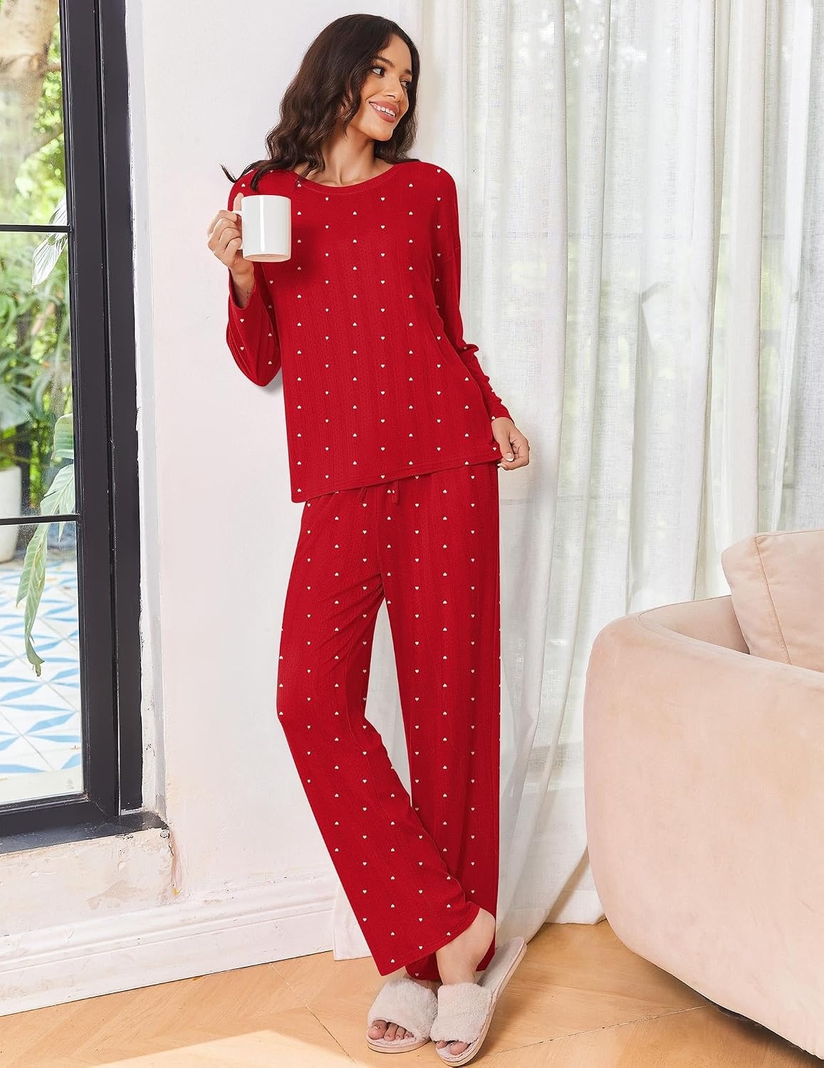 image:imageEkouaer Pajama Set Womens Soft Pjs 2 Piece Long Sleeve Lounge SetsRed Heart