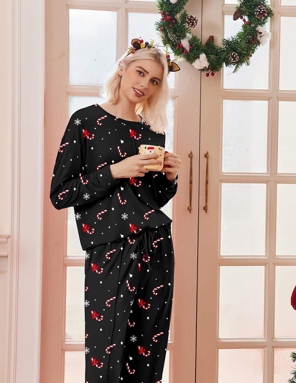image:imageEkouaer Pajama Sets Women 2 Piece Long Sleeve Sleepwear Cozy Pjs LoungewearChristmas Black Candy