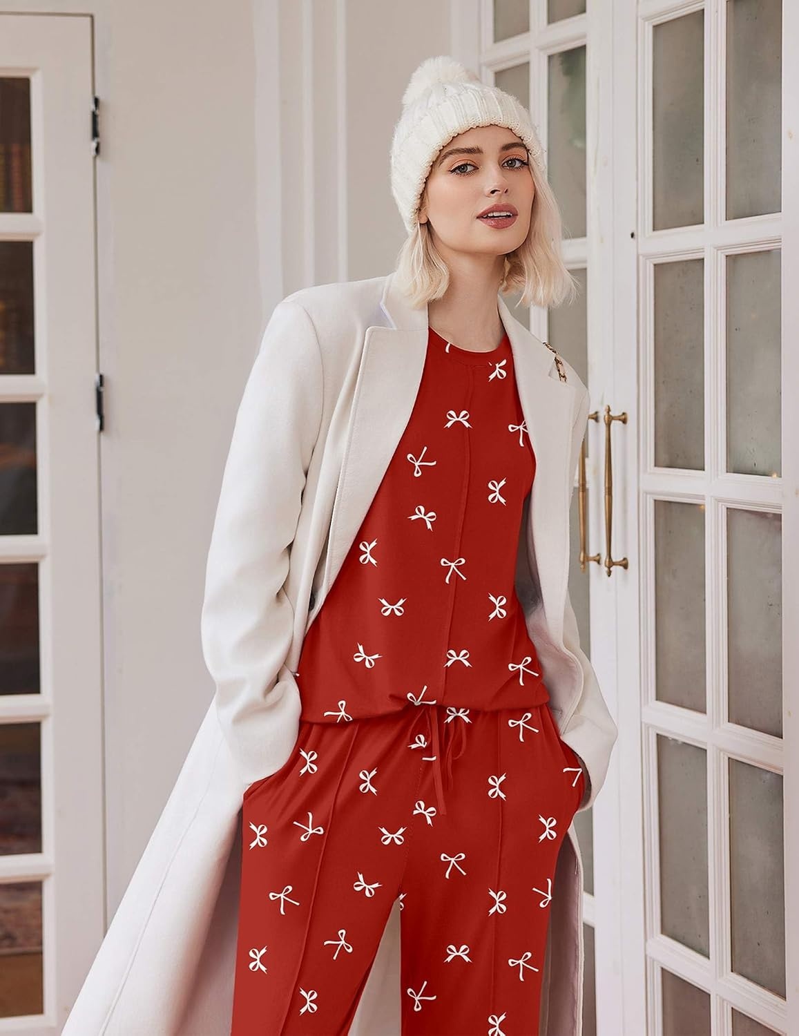 image:imageEkouaer Pajama Sets Women 2 Piece Long Sleeve Sleepwear Cozy Pjs LoungewearRed Bow Knot
