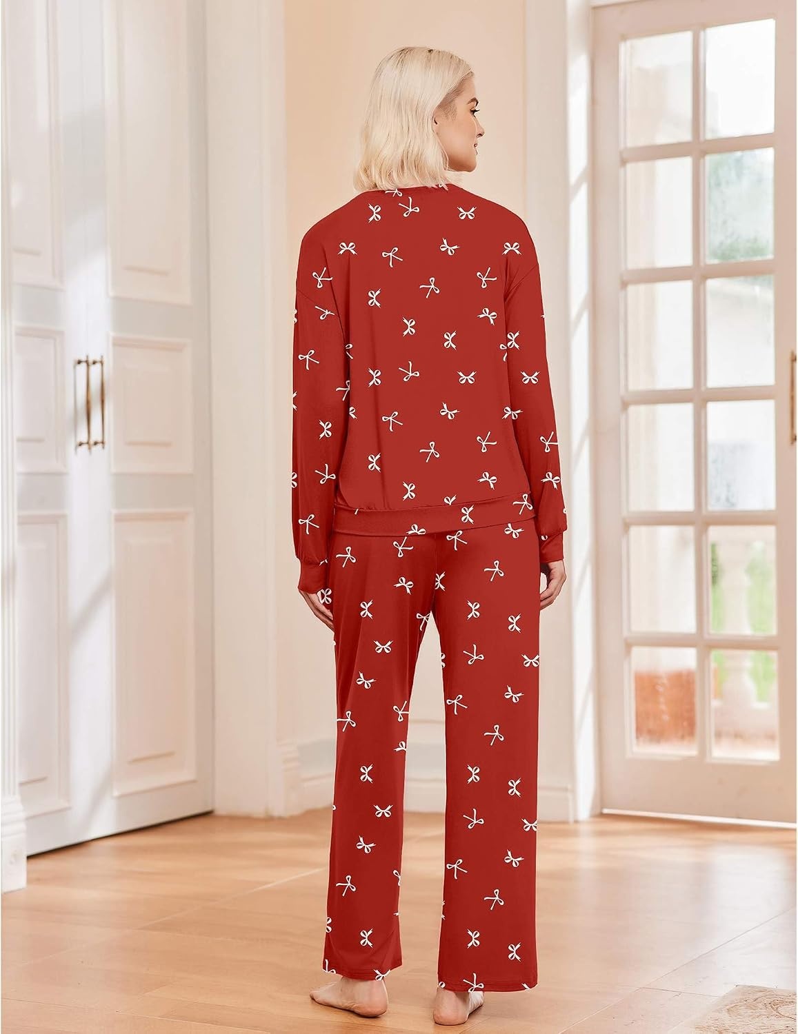 image:imageEkouaer Pajama Sets Women 2 Piece Long Sleeve Sleepwear Cozy Pjs LoungewearRed Bow Knot