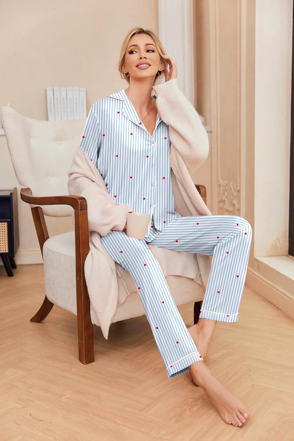 image:imageEkouaer Pajamas Womens Long Sleeve Sleepwear Button Down Loungewear Pjs SetStriped Blue Heart