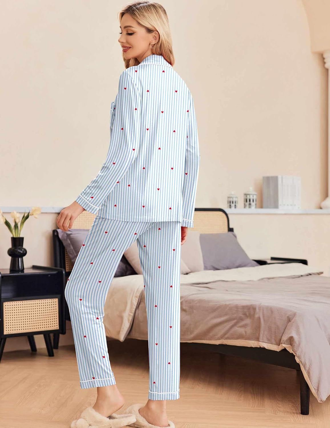image:imageEkouaer Pajamas Womens Long Sleeve Sleepwear Button Down Loungewear Pjs SetStriped Blue Heart