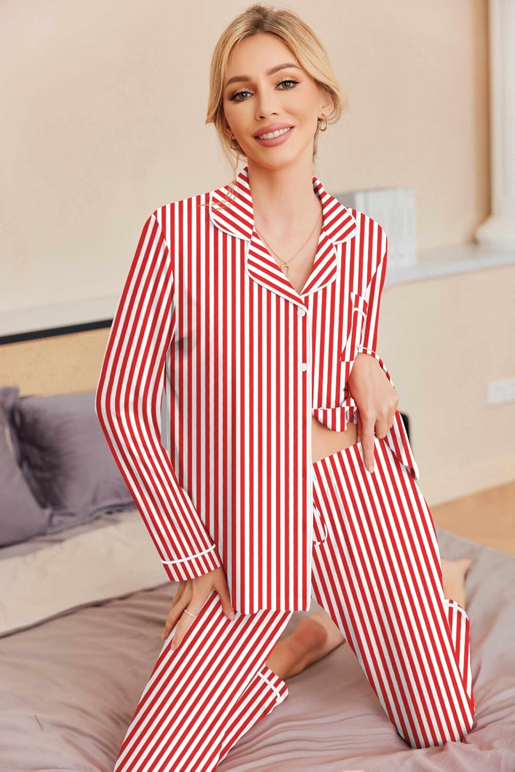 image:imageEkouaer Pajamas Womens Long Sleeve Sleepwear Button Down Loungewear Pjs SetStriped Red