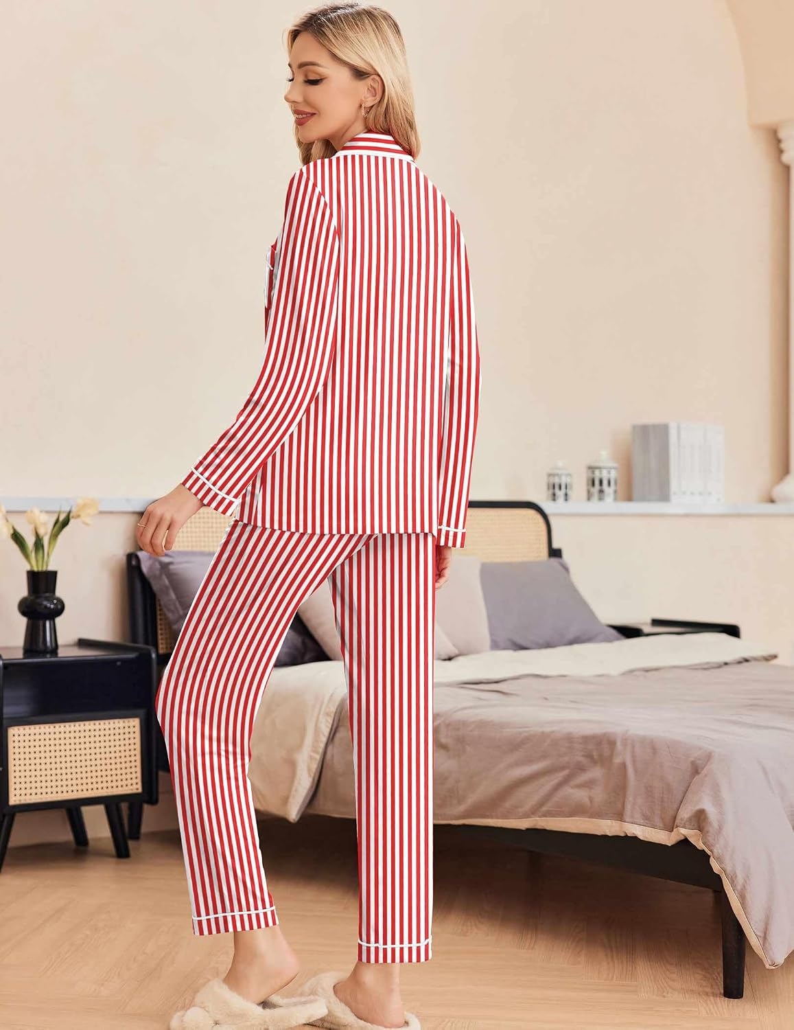 image:imageEkouaer Pajamas Womens Long Sleeve Sleepwear Button Down Loungewear Pjs SetStriped Red