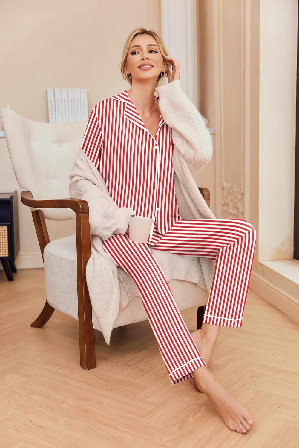 image:imageEkouaer Pajamas Womens Long Sleeve Sleepwear Button Down Loungewear Pjs SetStriped Red