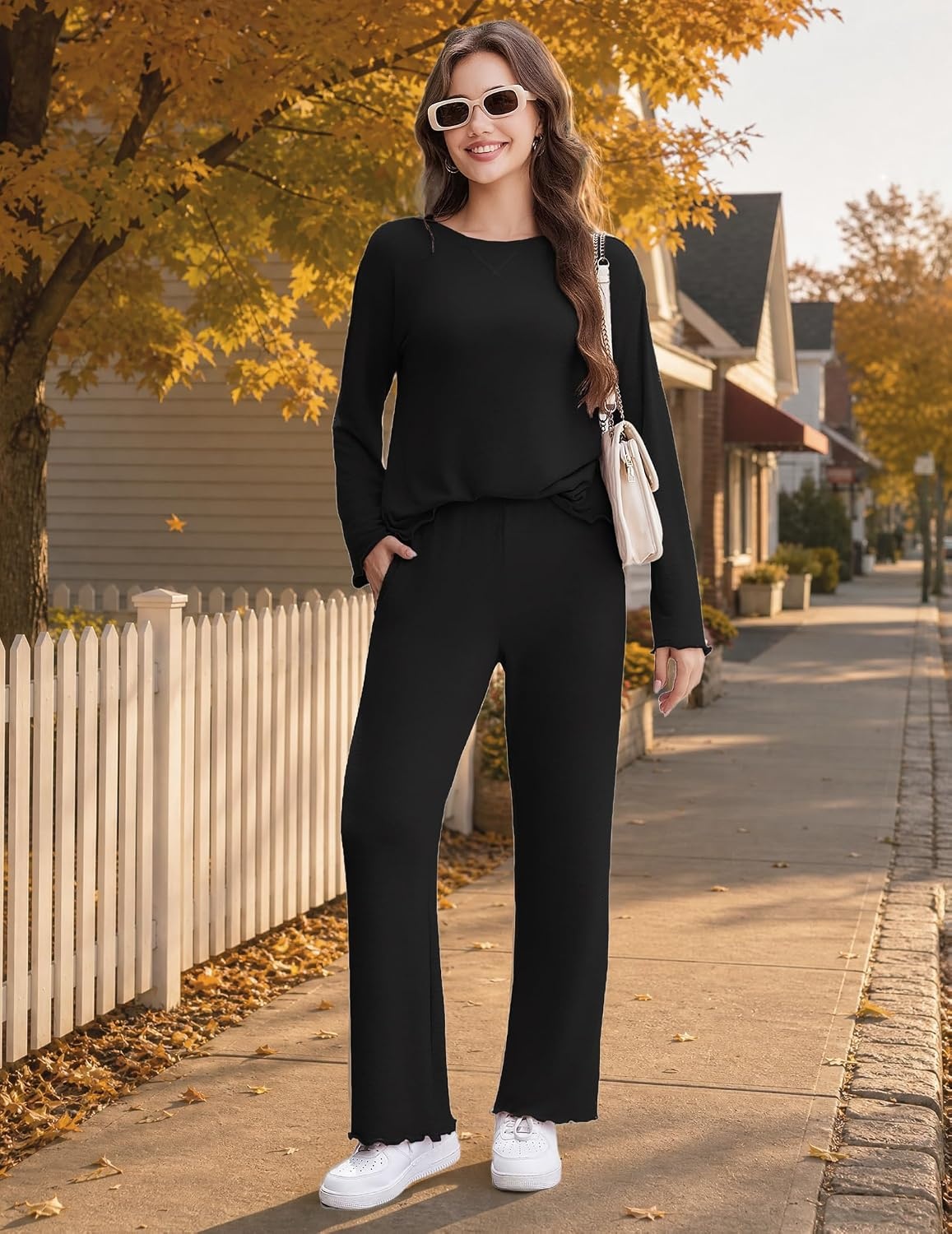 image:imageEkouaer Pajamas for Women Set Long Sleeve 2 Piece Lounge Sets Fall Soft PjsBlack