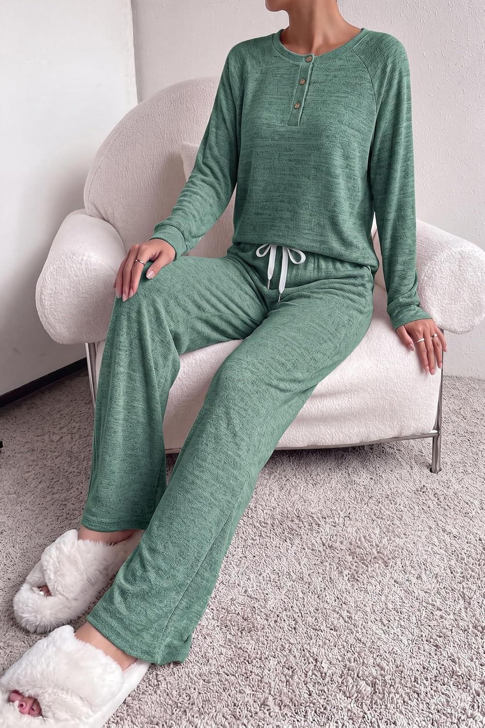 image:imageEkouaer Pajamas for Women Set Soft 2 Piece Lounge Set Fall OutfitsGreen