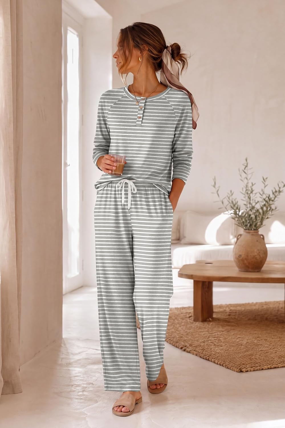 image:imageEkouaer Pajamas for Women Set Soft 2 Piece Lounge Set Fall OutfitsGrey Stripe