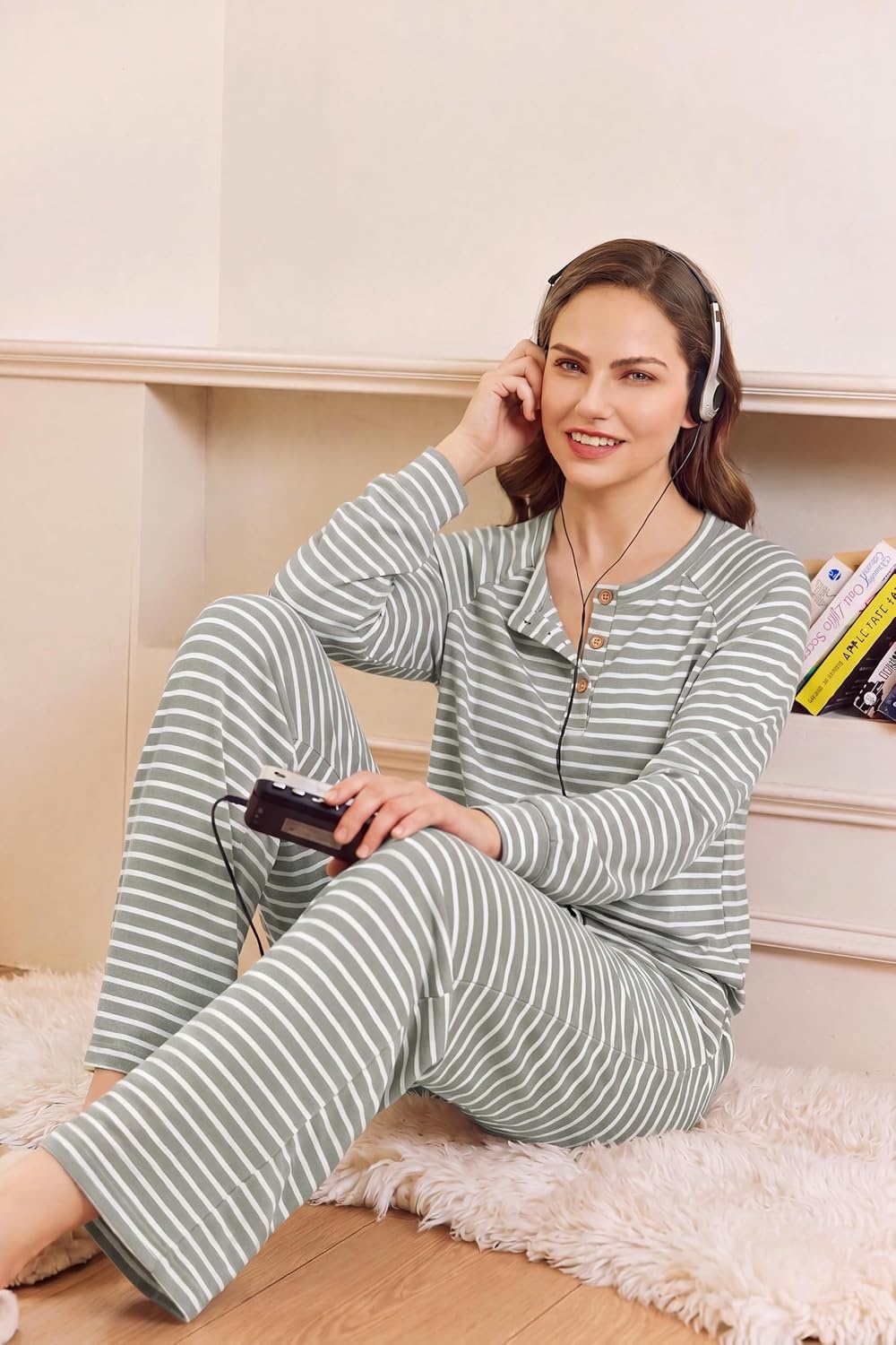image:imageEkouaer Pajamas for Women Set Soft 2 Piece Lounge Set Fall OutfitsGrey Stripe