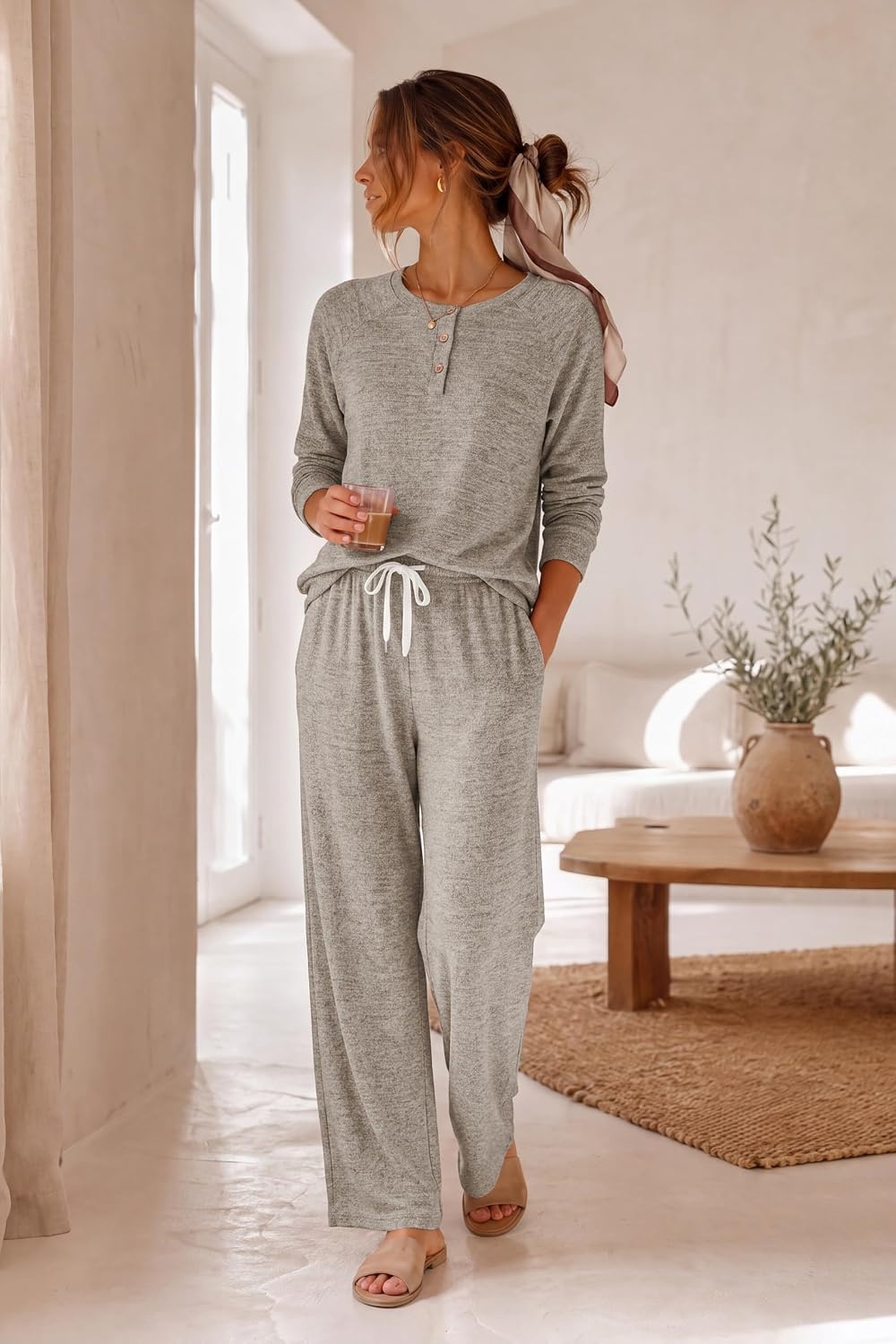 image:imageEkouaer Pajamas for Women Set Soft 2 Piece Lounge Set Fall OutfitsKhaki