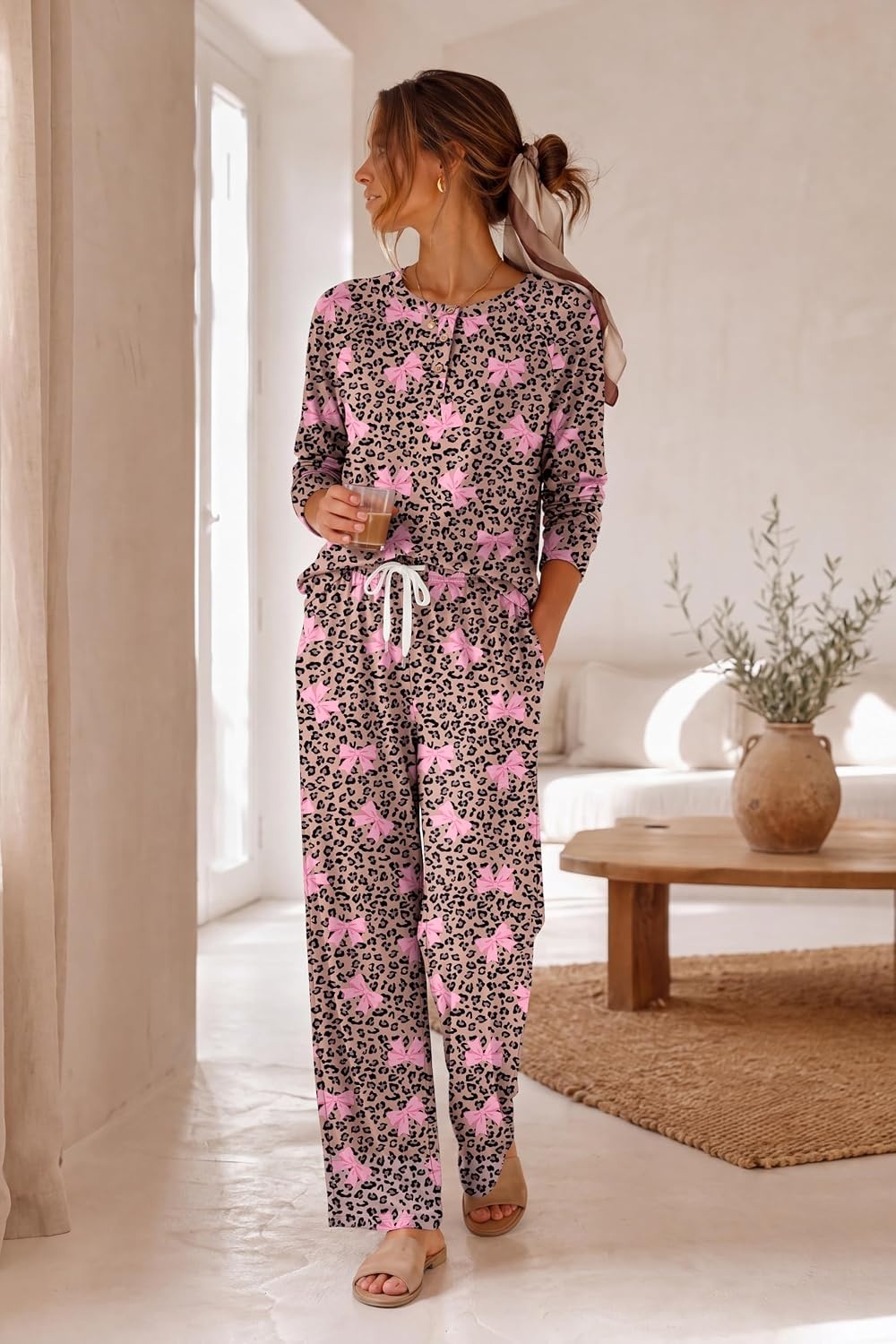 image:imageEkouaer Pajamas for Women Set Soft 2 Piece Lounge Set Fall OutfitsLeopard Bow