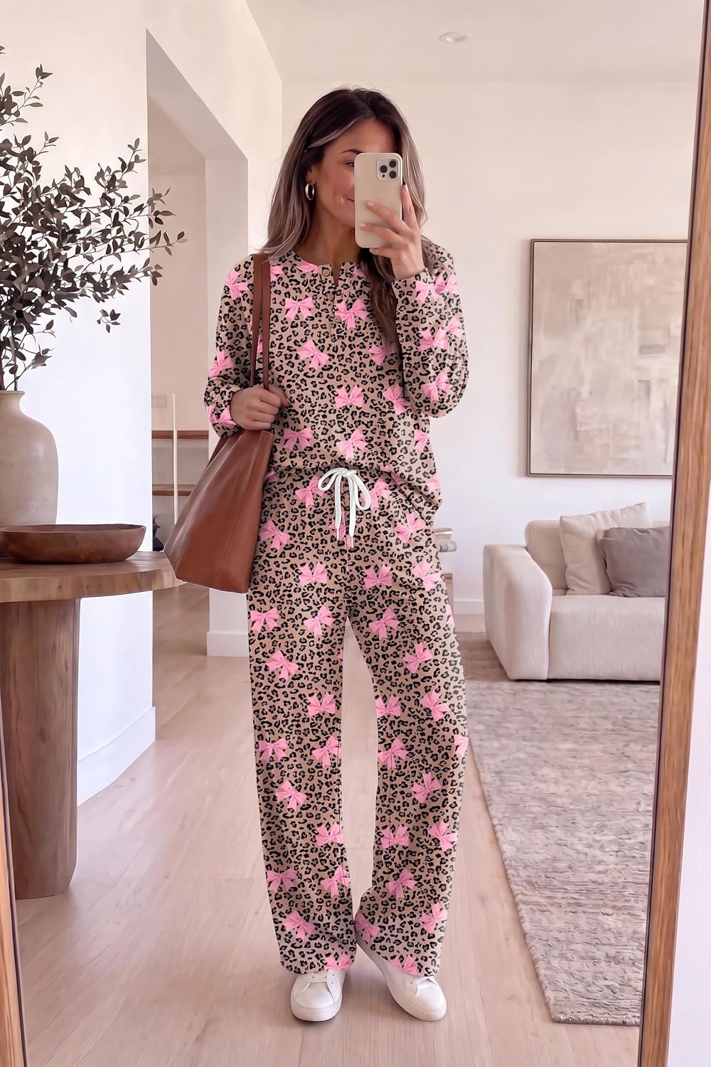 image:imageEkouaer Pajamas for Women Set Soft 2 Piece Lounge Set Fall OutfitsLeopard Bow