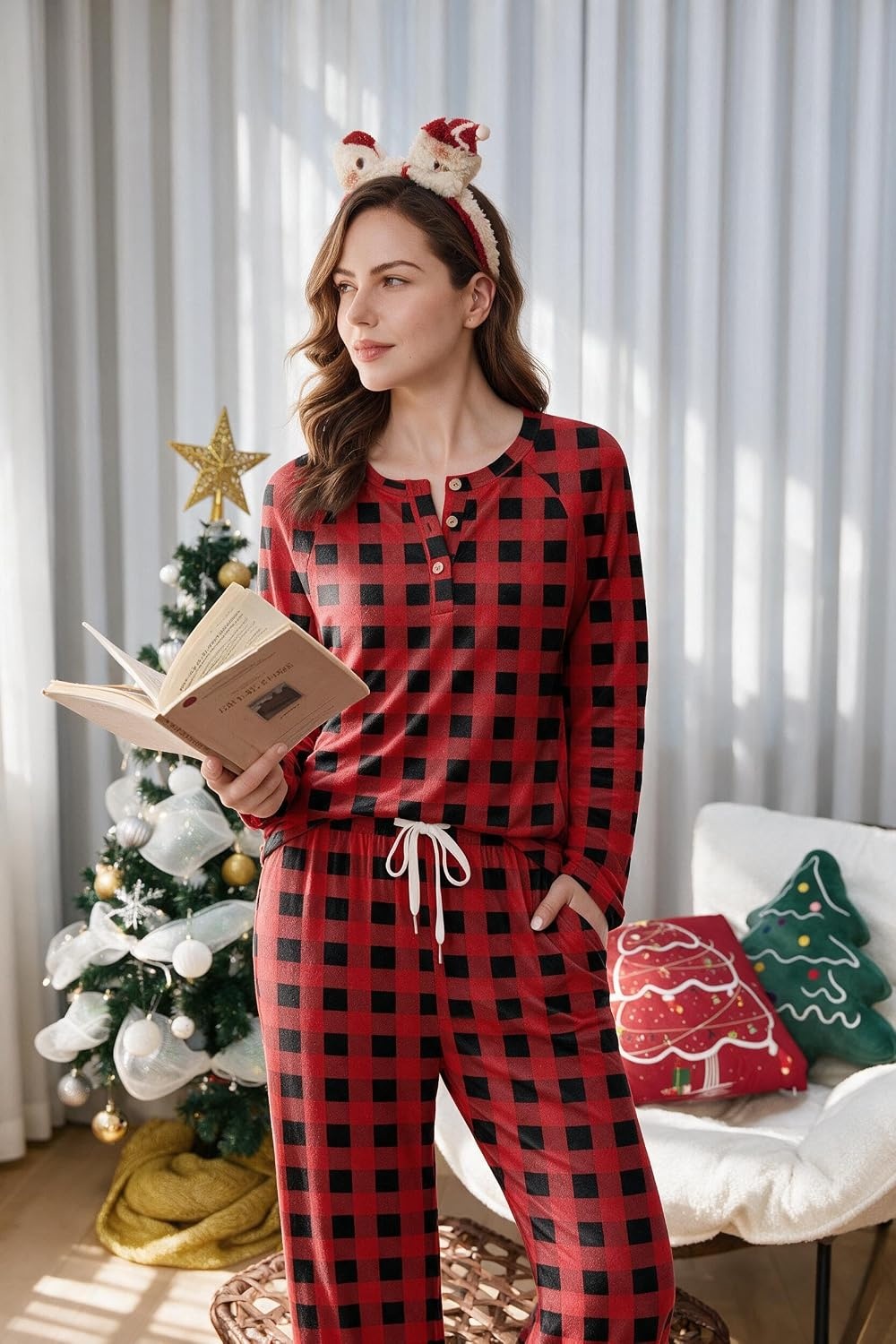 image:imageEkouaer Pajamas for Women Set Soft 2 Piece Lounge Set Fall OutfitsRed Plaid