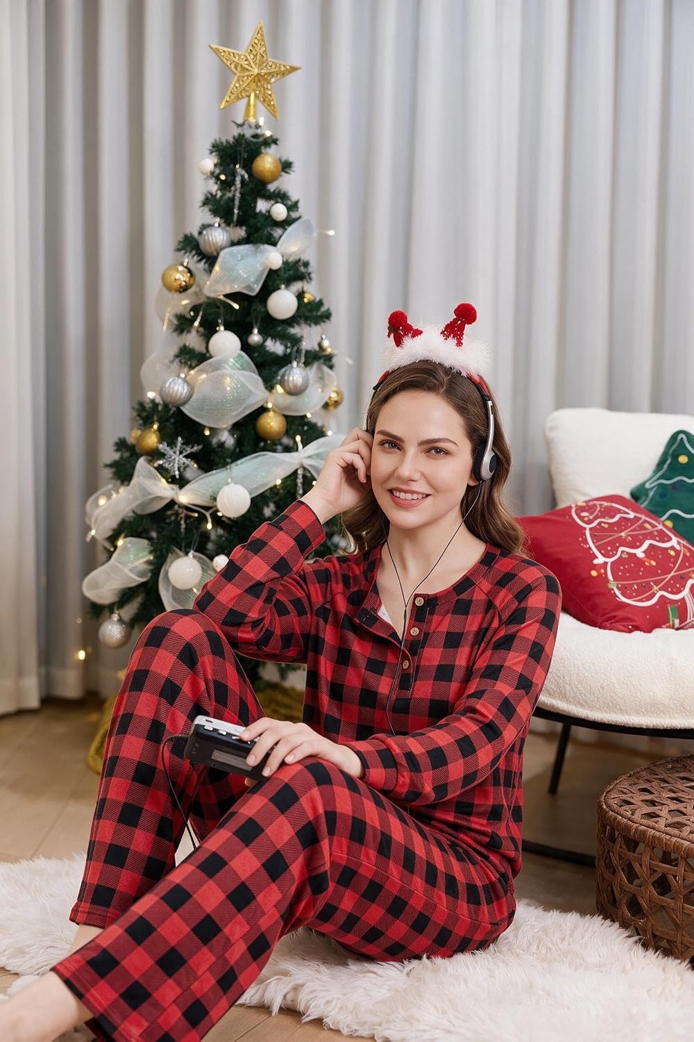 image:imageEkouaer Pajamas for Women Set Soft 2 Piece Lounge Set Fall OutfitsRed Plaid