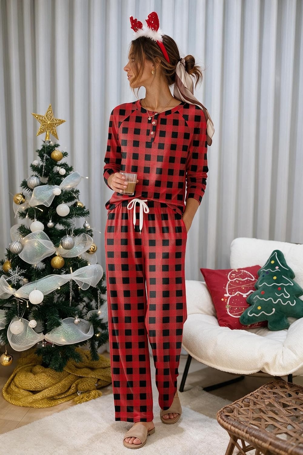 image:imageEkouaer Pajamas for Women Set Soft 2 Piece Lounge Set Fall OutfitsRed Plaid