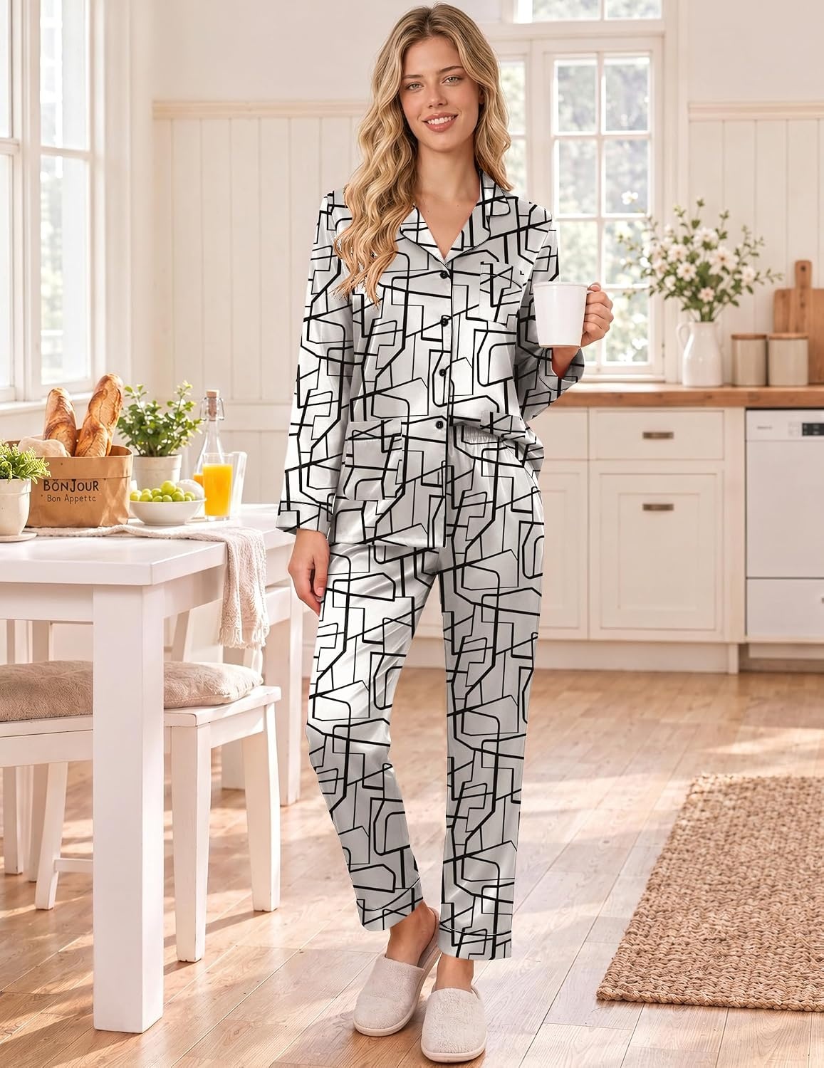 image:imageEkouaer Satin Pajamas for Women Silk Long Sleeve Button Down Soft PjsBeige Black Line