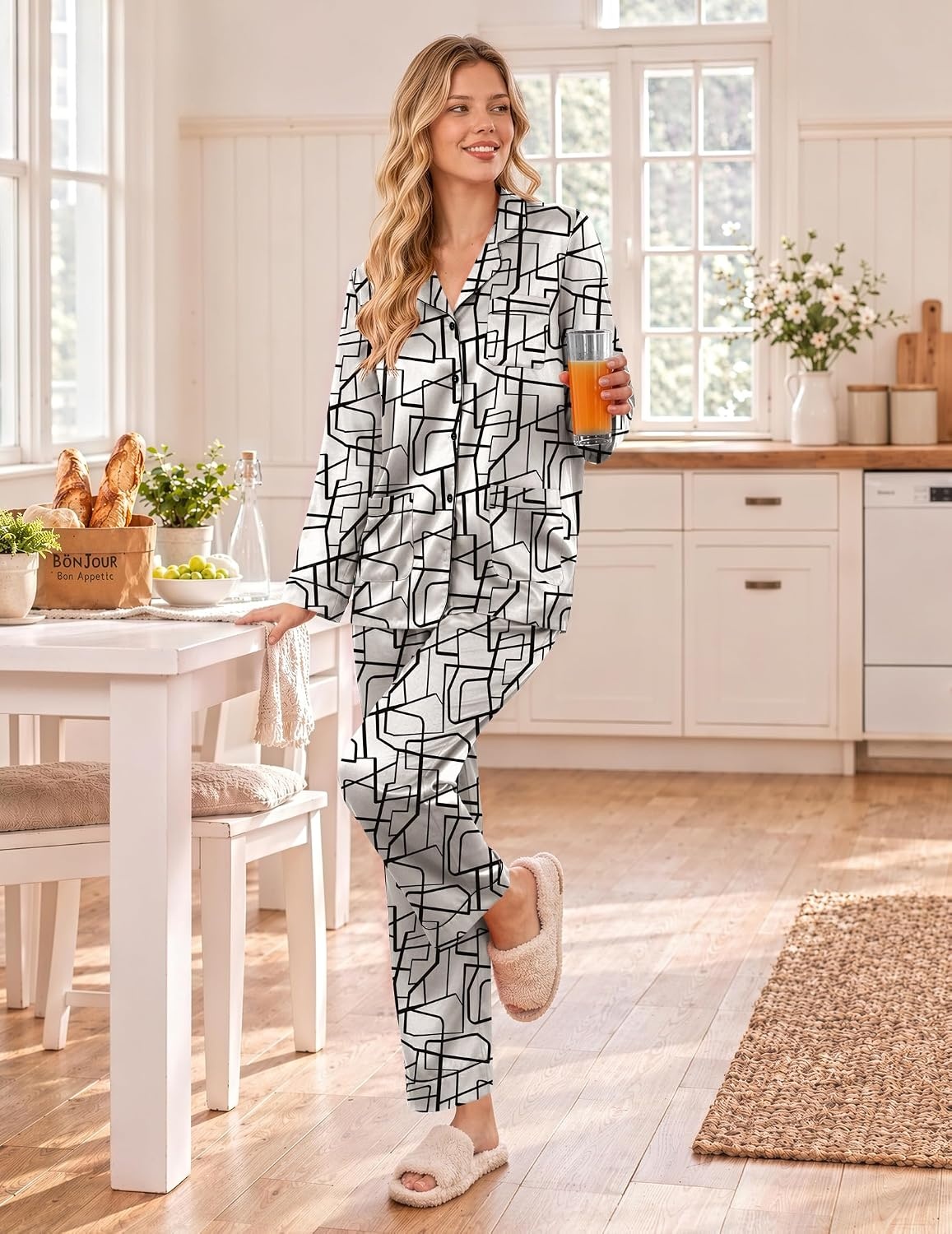 image:imageEkouaer Satin Pajamas for Women Silk Long Sleeve Button Down Soft PjsBeige Black Line