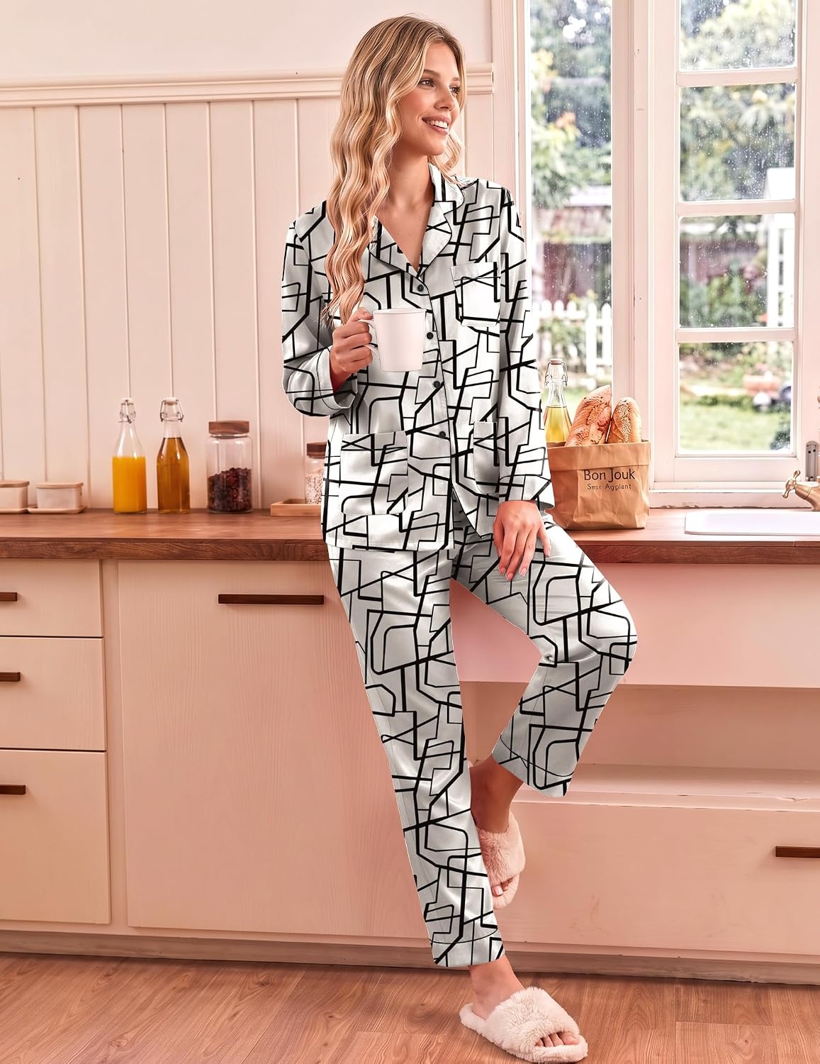 image:imageEkouaer Satin Pajamas for Women Silk Long Sleeve Button Down Soft PjsBeige Black Line