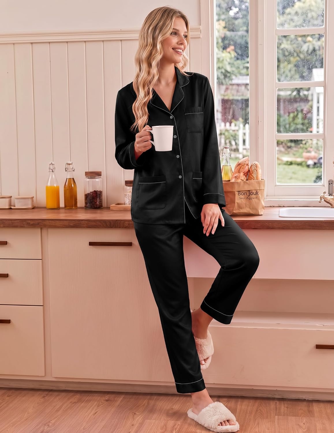image:imageEkouaer Satin Pajamas for Women Silk Long Sleeve Button Down Soft PjsBlack
