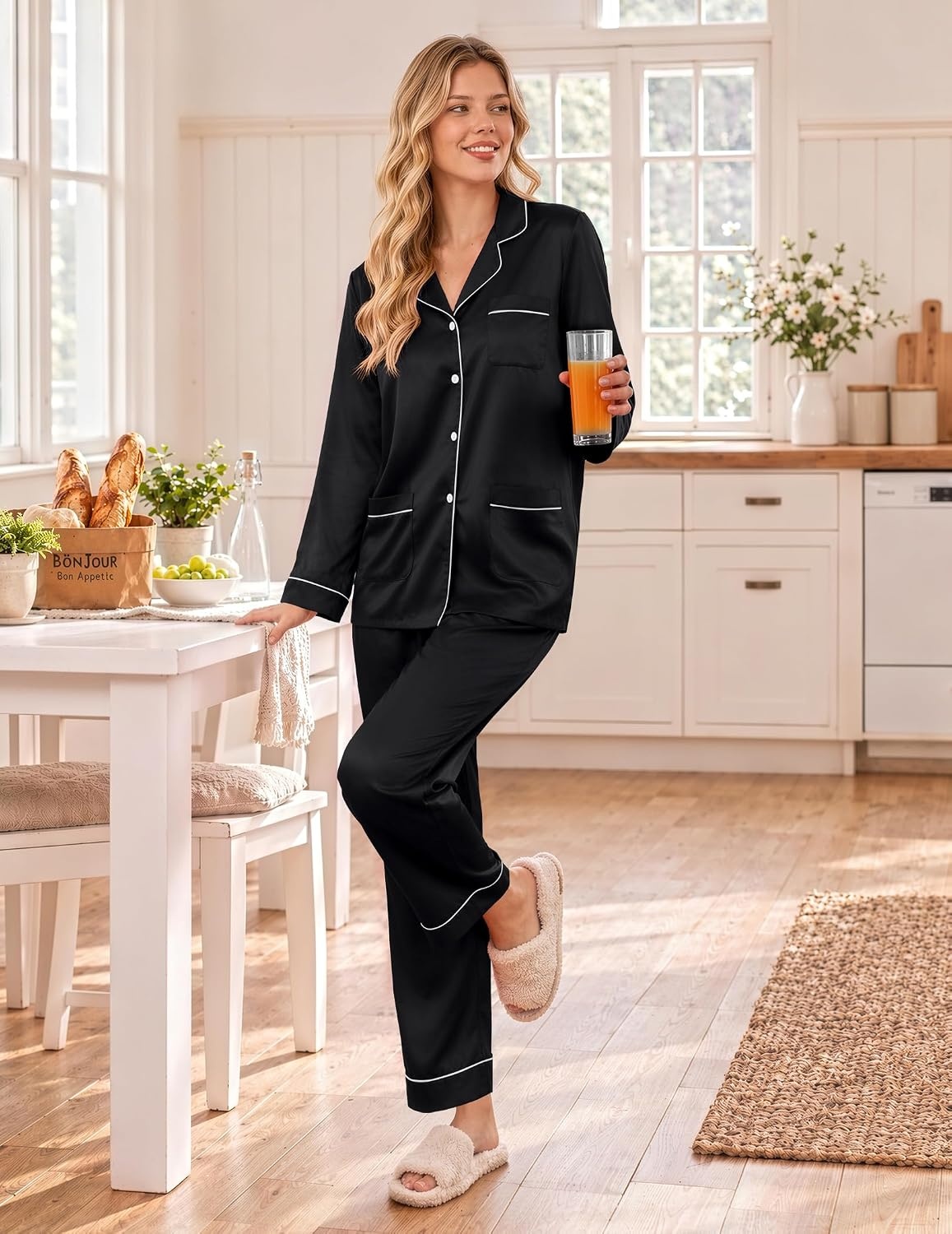 image:imageEkouaer Satin Pajamas for Women Silk Long Sleeve Button Down Soft PjsBlack