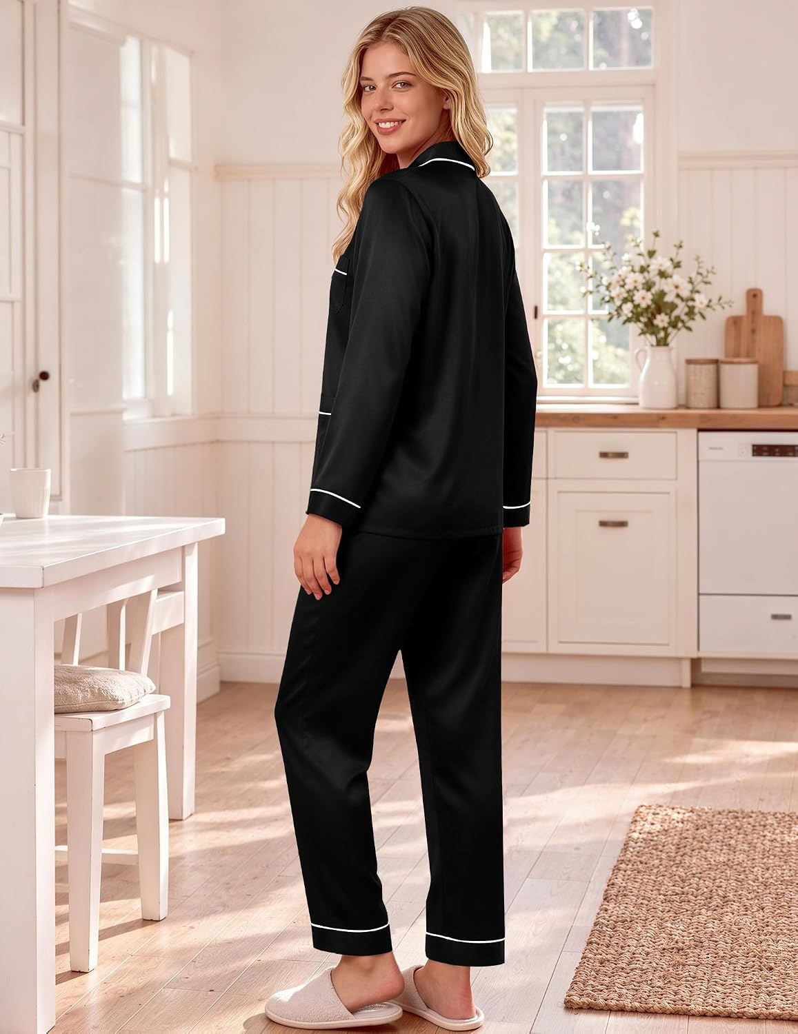image:imageEkouaer Satin Pajamas for Women Silk Long Sleeve Button Down Soft PjsBlack