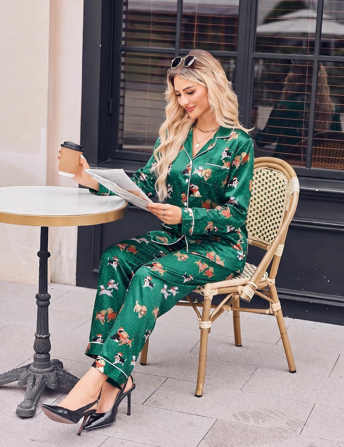 image:imageEkouaer Satin Pajamas for Women Silk Long Sleeve Button Down Soft PjsChristmas Green Pattern