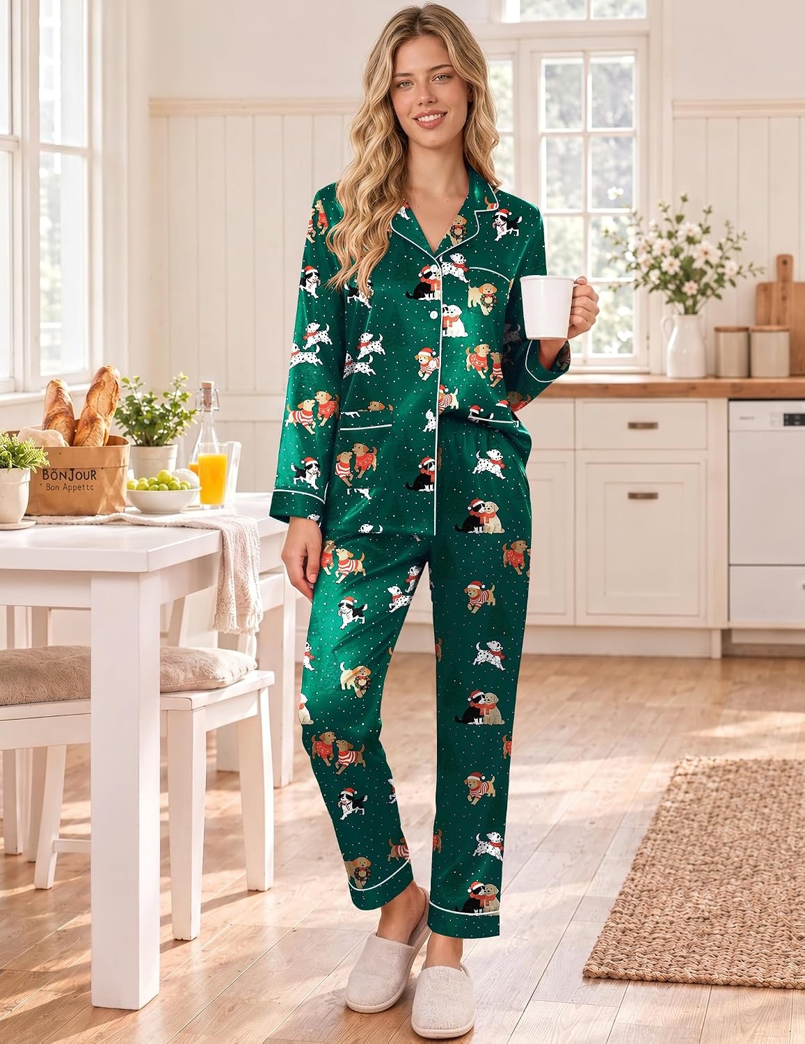 image:imageEkouaer Satin Pajamas for Women Silk Long Sleeve Button Down Soft PjsChristmas Green Pattern