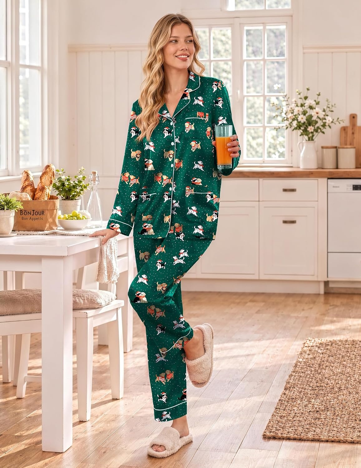 image:imageEkouaer Satin Pajamas for Women Silk Long Sleeve Button Down Soft PjsChristmas Green Pattern