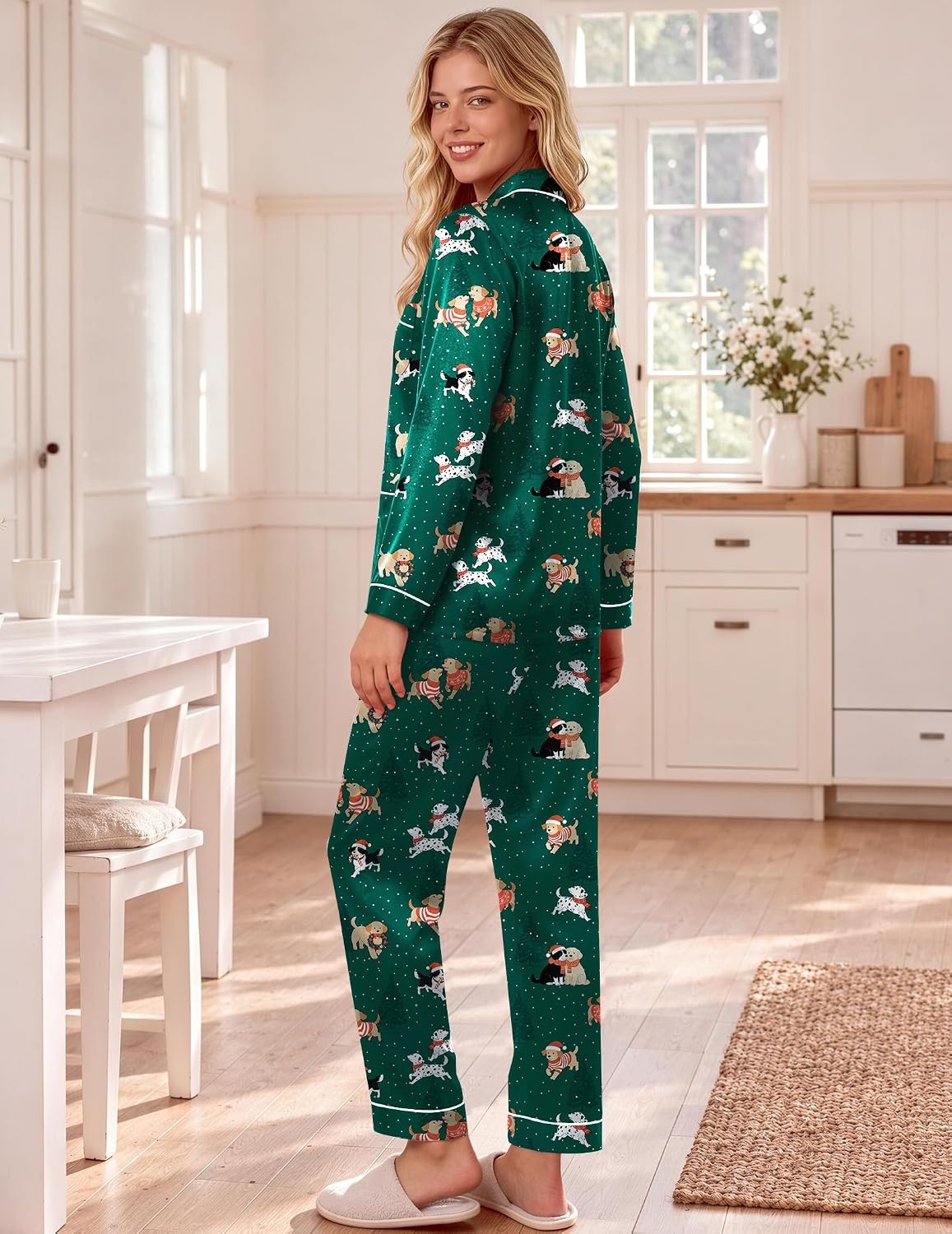image:imageEkouaer Satin Pajamas for Women Silk Long Sleeve Button Down Soft PjsChristmas Green Pattern