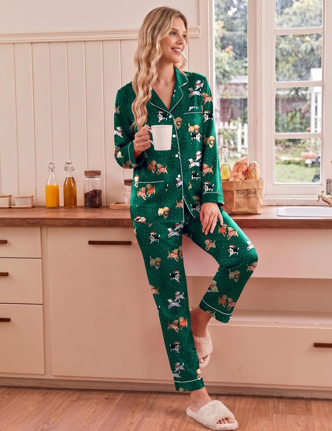 image:imageEkouaer Satin Pajamas for Women Silk Long Sleeve Button Down Soft PjsChristmas Green Pattern