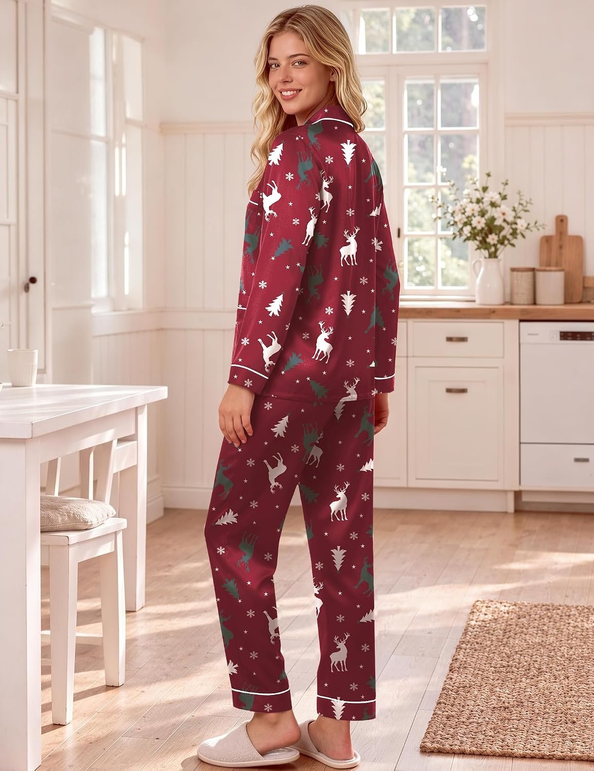 image:imageEkouaer Satin Pajamas for Women Silk Long Sleeve Button Down Soft PjsChristmas Red Pattern