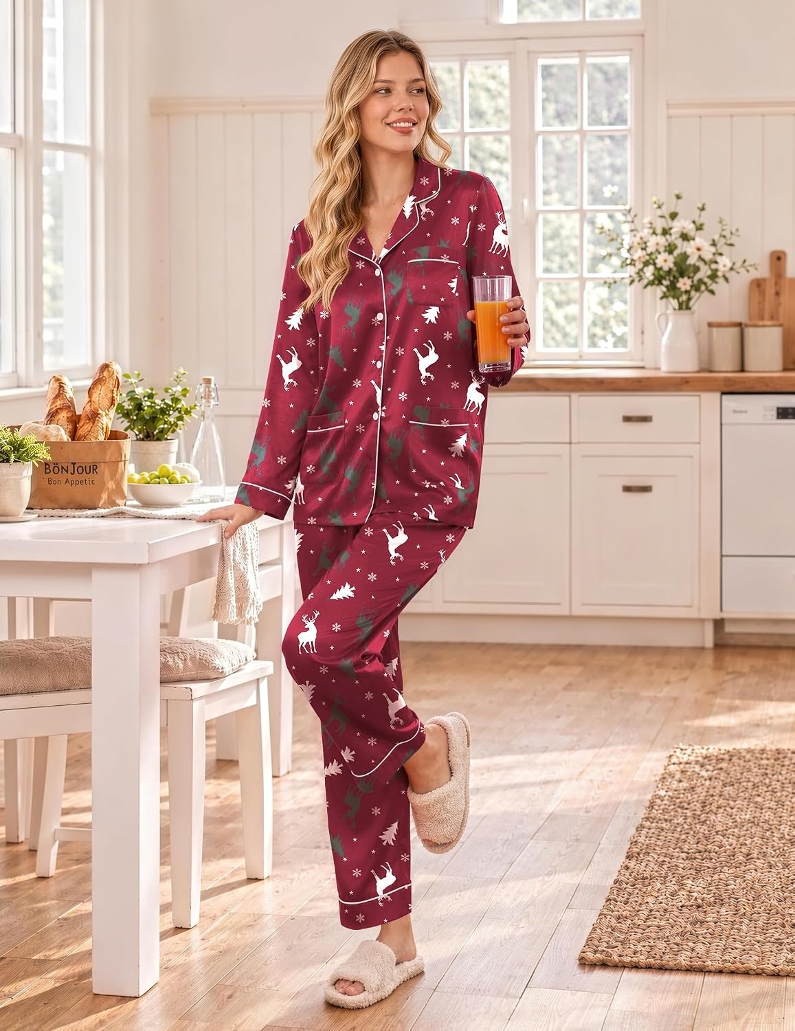 image:imageEkouaer Satin Pajamas for Women Silk Long Sleeve Button Down Soft PjsChristmas Red Pattern
