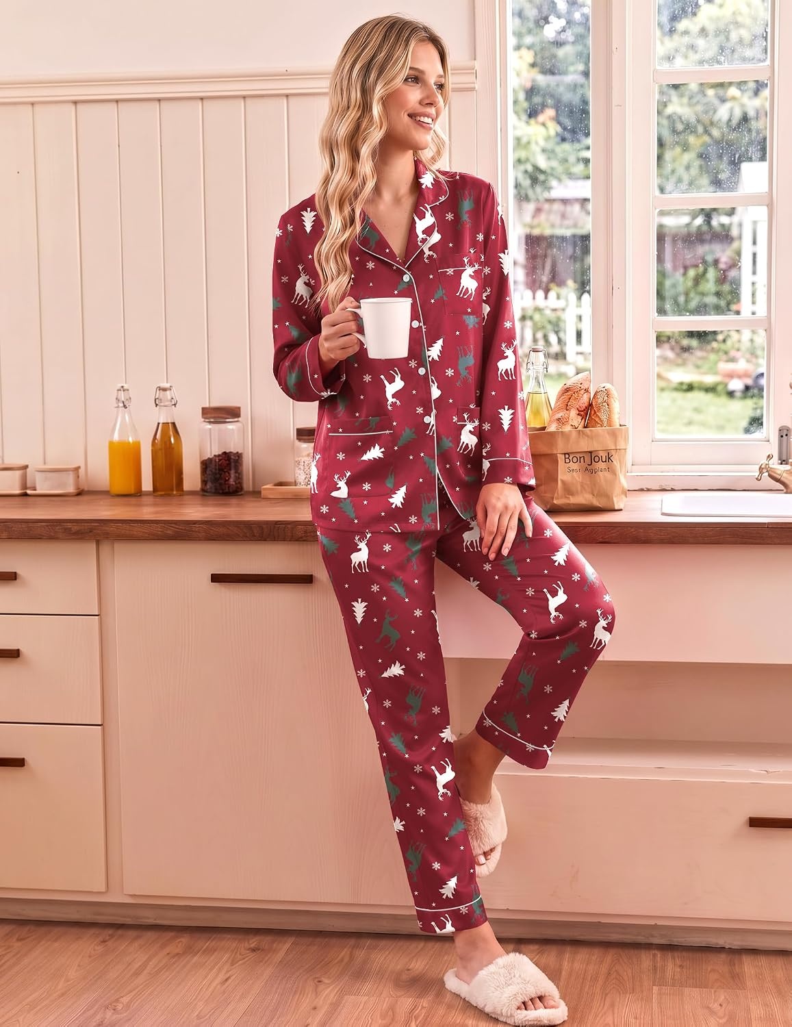 image:imageEkouaer Satin Pajamas for Women Silk Long Sleeve Button Down Soft PjsChristmas Red Pattern